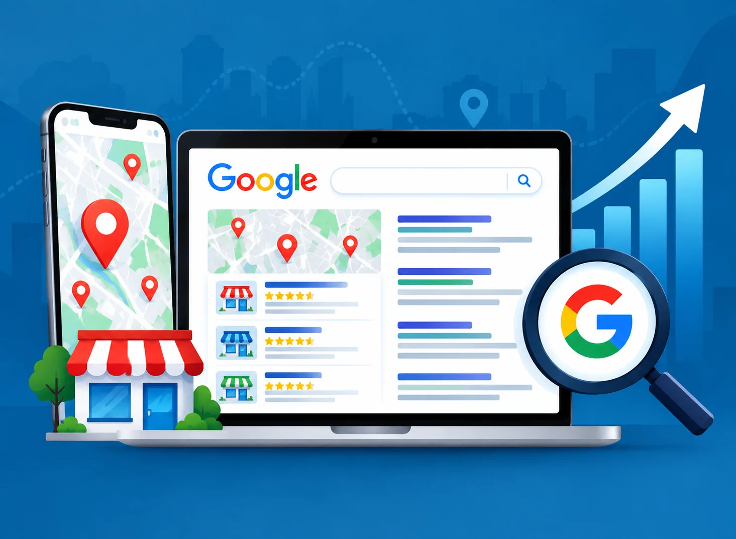Laptop and phone showing Google local search results, a map with business pins, and a rising performance chart